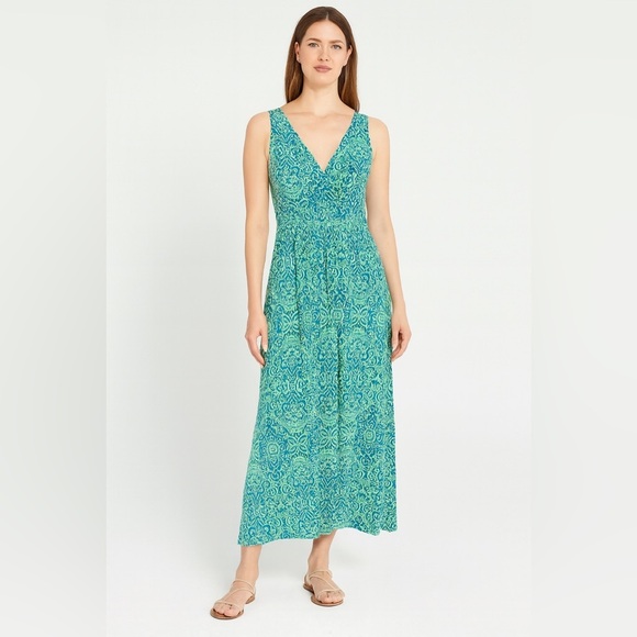 Chaps Ralph Lauren V Neck Green Blue Mandala Stretchy Maxi Dress size Medium - Picture 1 of 6